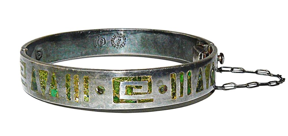 Vtg Mark Sterling Hinged Bracelet Abalon Mosaic Inlay Safety Chain Sz 7.5 Mexico
